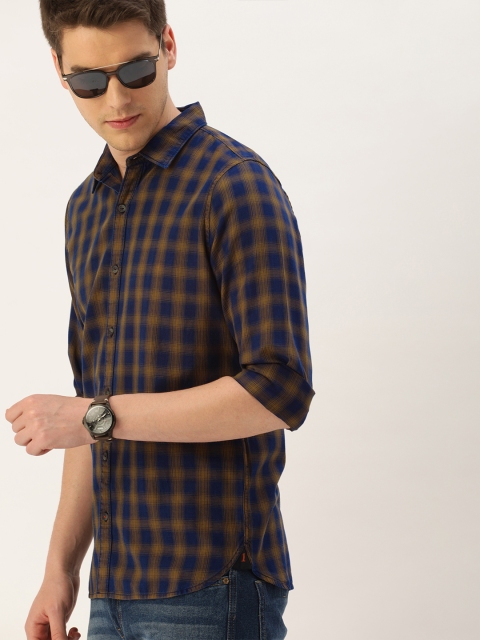 

SINGLE Men Mustard Yellow & Navy Blue Slim Fit Checked Casual Shirt