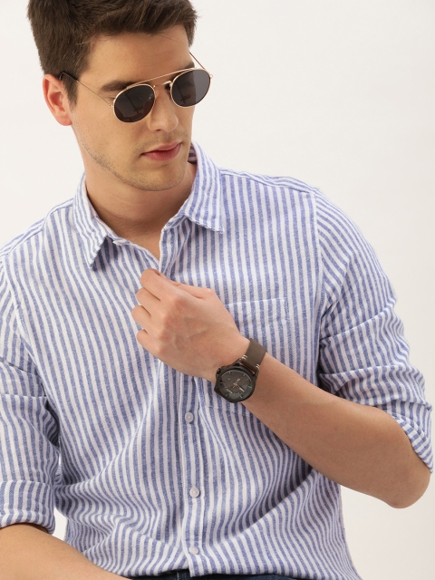 

SINGLE Men White & Navy Blue Slim Fit Striped Casual Shirt