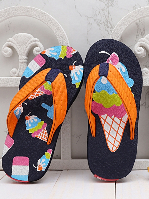 

DChica Unisex Kids Navy Blue & Orange Printed Thong Flip-Flops