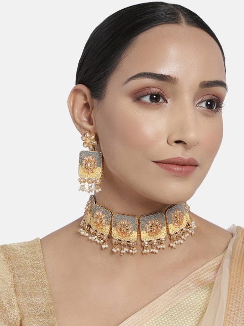 

I Jewels Grey Gold-Plated Meenakari Kundan Studded Choker Jewellery Set