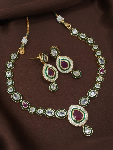 

I Jewels Gold-Plated White & Green Kundan & CZ Studded Jewellery Set