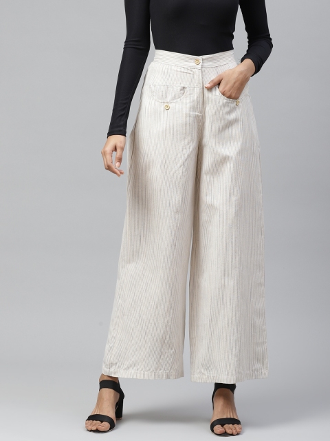 

Tulsattva Women Beige & Off-White Loose Fit Striped Cotton Parallel Trousers