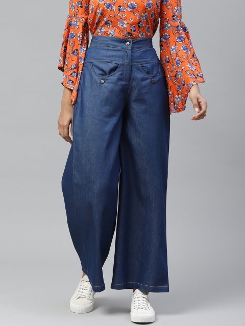 

Tulsattva Women Blue Loose Fit Solid Denim Parallel Trousers