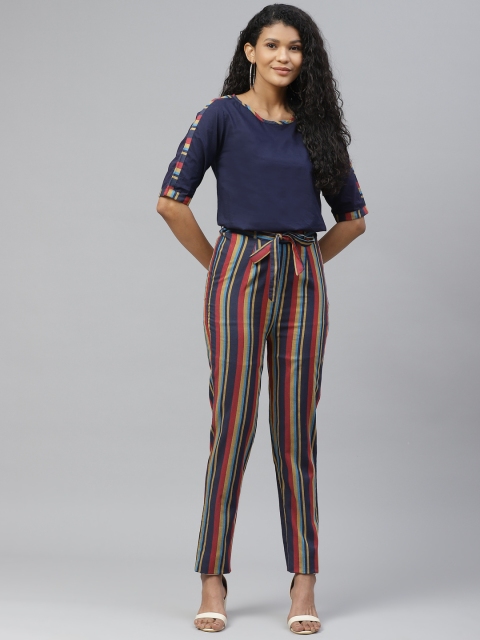 

Tulsattva Women Navy Blue & Rust Orange Pure Cotton Solid T-shirt with Peg Trousers