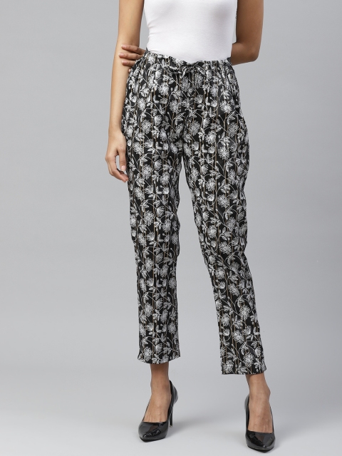 

Tulsattva Women Black & Off-White Smart Tapered Fit Floral Print Cropped Peg Trousers