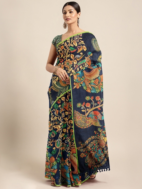 

aamna Navy Blue & Orange Silk Cotton Printed Chanderi Saree