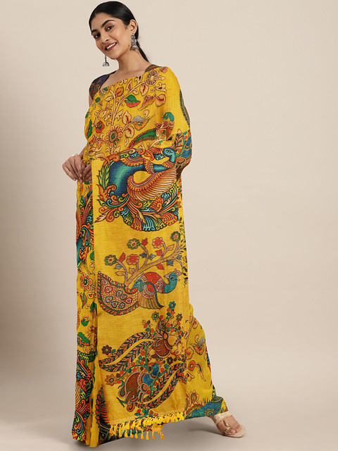 

aamna Mustard Yellow & Blue Silk Cotton Printed Chanderi Saree