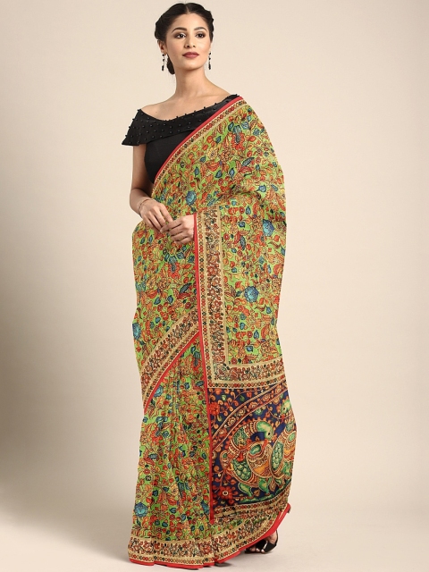 

aamna Green & Orange Silk Cotton Printed Chanderi Saree