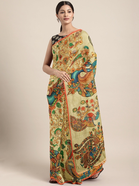 

aamna Cream-Coloured & Blue Silk Cotton Printed Chanderi Saree