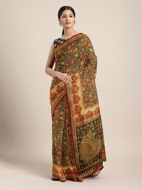 

aamna Mustard Yellow & Black Silk Cotton Printed Chanderi Saree