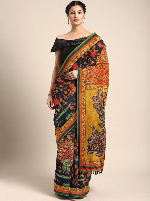 

aamna Navy Blue & Rust Orange Silk Cotton Printed Chanderi Saree