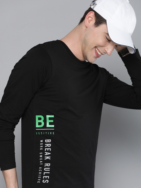 

HERENOW Men Black Printed Round Neck Pure Cotton T-shirt