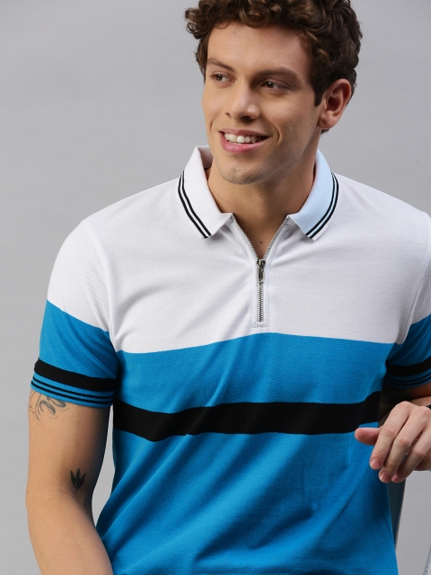 

HERE&NOW Men Blue & White Colourblocked Polo Collar T-shirt