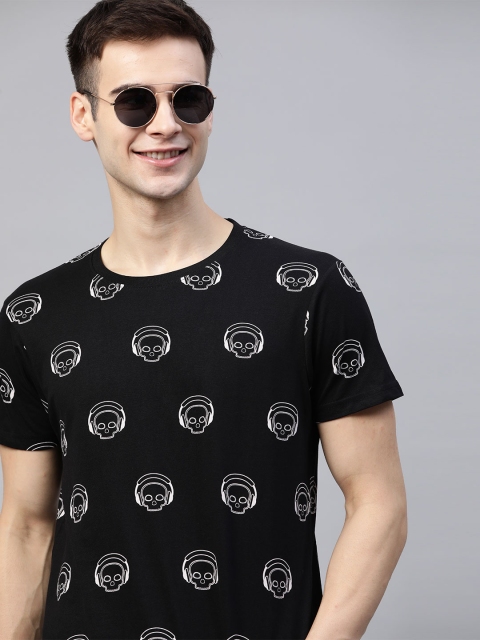 

HERE&NOW Men Black & White Pure Cotton Printed T-shirt