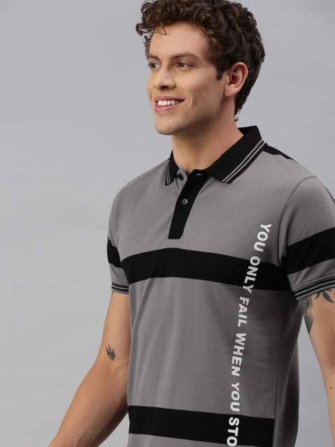 

HERE&NOW Men Grey & Black Striped Polo Collar T-shirt