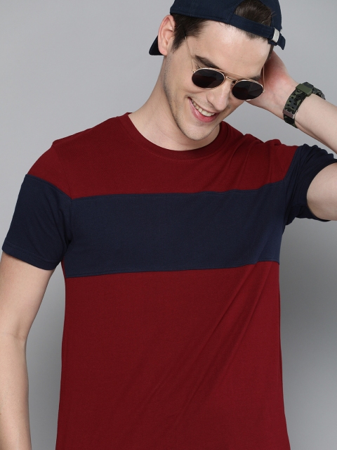 

HERENOW Men Maroon Colourblocked Round Neck Pure Cotton T-shirt
