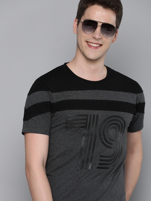 

HERENOW Men Grey Melange Black Printed Round Neck Pure Cotton T-shirt