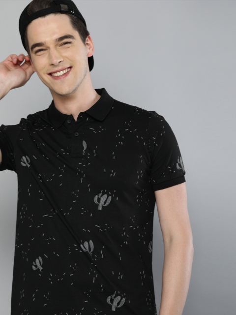 

HERENOW Men Black Grey Conversational Printed Polo Collar Pure Cotton T-shirt