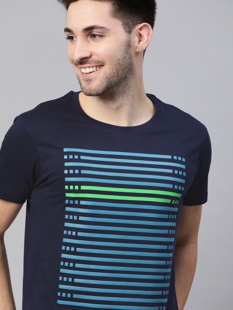 

HERENOW Men Navy Blue Green Striped Pure Cotton T-shirt