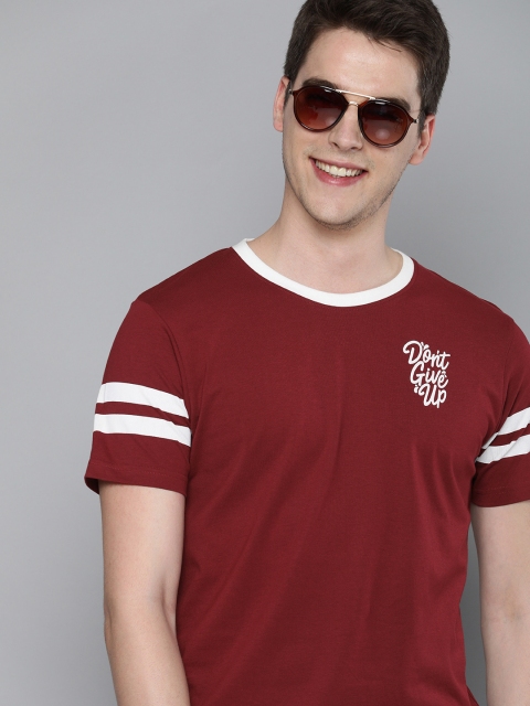 

HERENOW Men Maroon Printed Round Neck Pure Cotton T-shirt