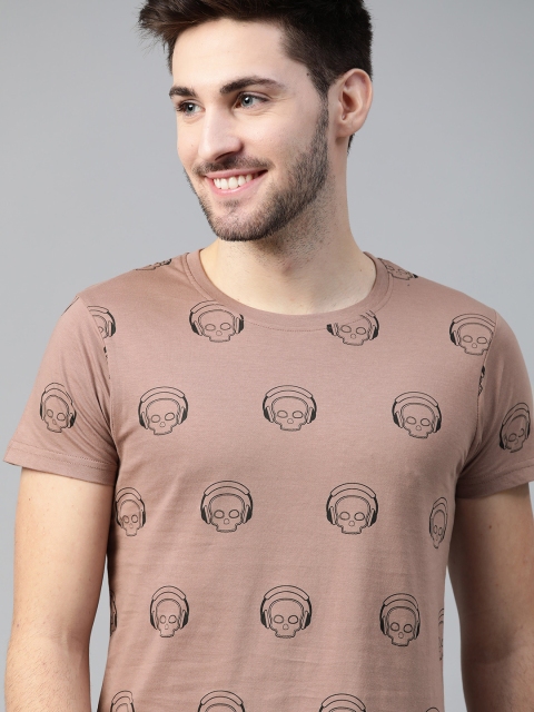 

HERE&NOW Men Brown & Black Printed Pure Cotton T-shirt