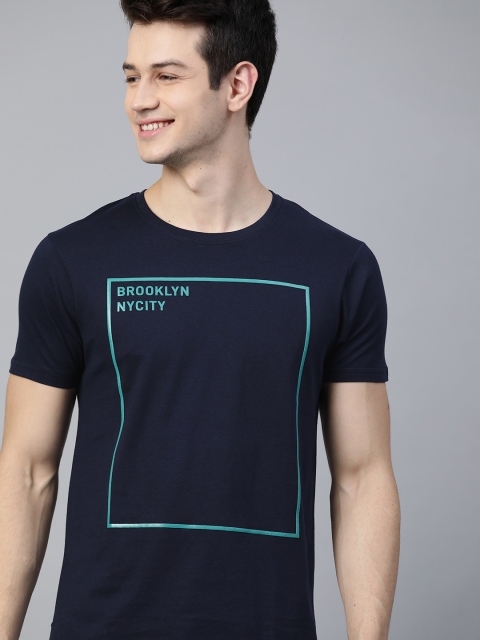 

HERE&NOW Men Navy Blue Printed Cotton T-shirt