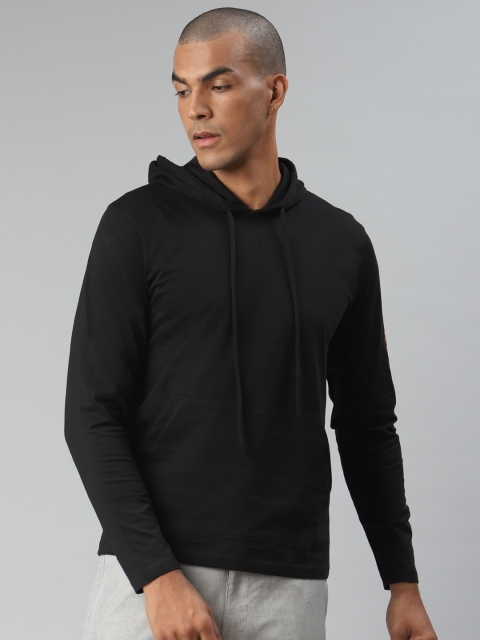 

HERE&NOW Men Black Pure Cotton Solid Hood T-shirt