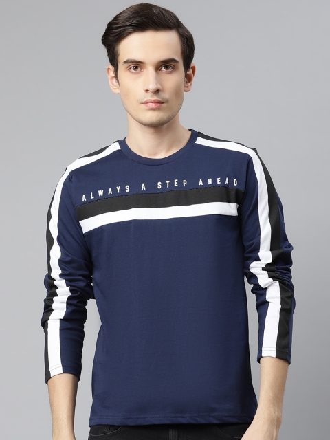 

HERE&NOW Men Navy Blue & White Pure Cotton Striped Round Neck T-shirt