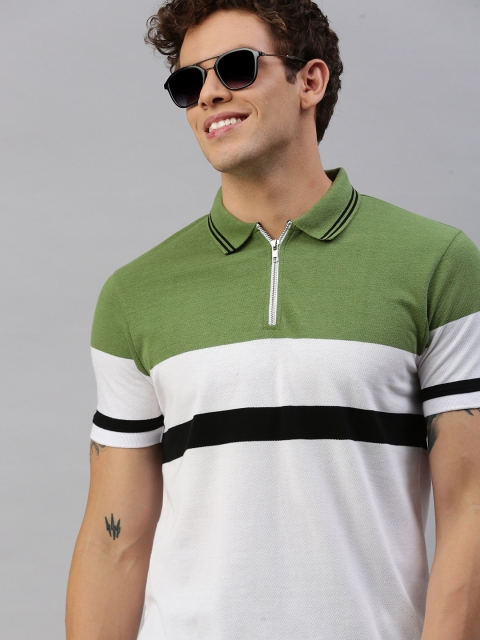 

HERE&NOW Men Green & White Colourblocked Polo Collar T-shirt