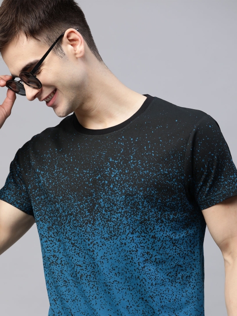 

HERE&NOW Men Black & Teal Blue Pure Cotton Printed T-shirt