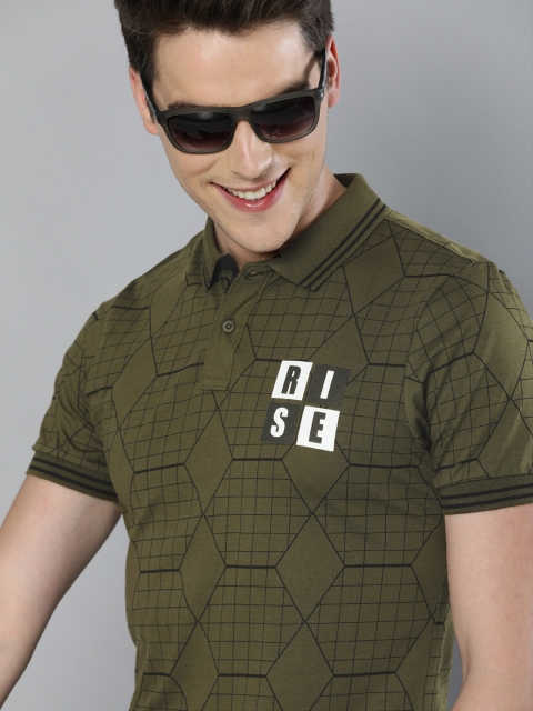 

HERE&NOW Men Olive Green & Black Printed Polo Collar T-shirt