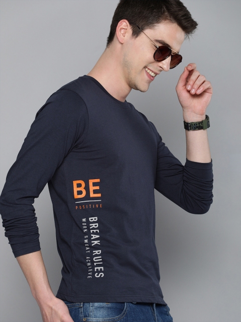 

HERENOW Men Navy Blue Grey Printed Round Neck Pure Cotton T-shirt