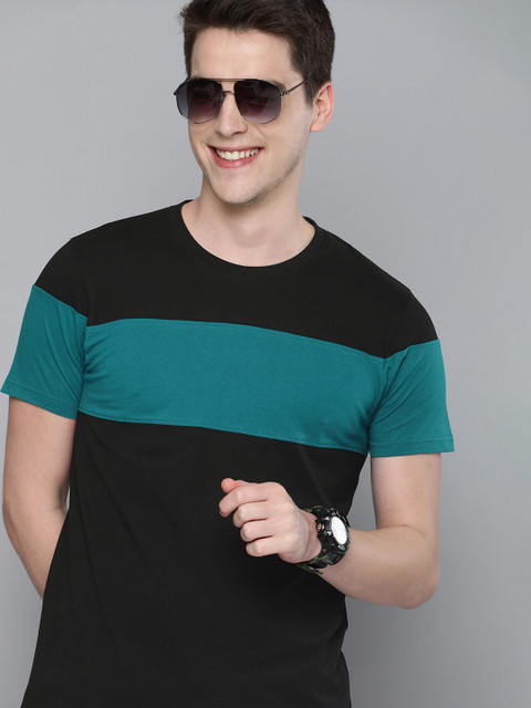 

HERENOW Men Black Teal Blue Colourblocked Round Neck Pure Cotton T-shirt