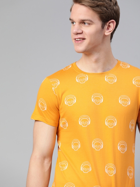 

HERENOW Men Mustard White Graphic Printed Pure Cotton T-shirt