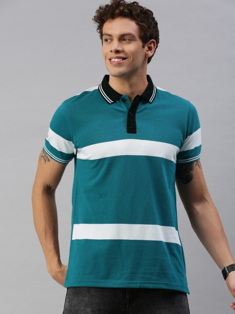 

HERE&NOW Men Teal Blue & White Striped Polo Collar T-shirt