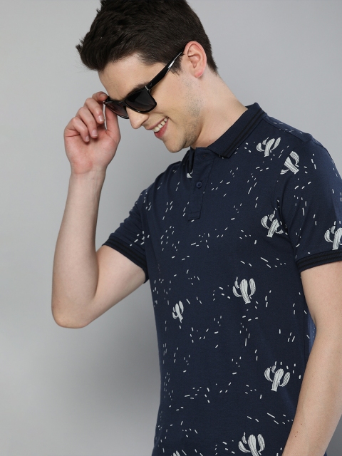 

HERENOW Men Navy Blue Printed Polo Collar Pure Cotton T-shirt