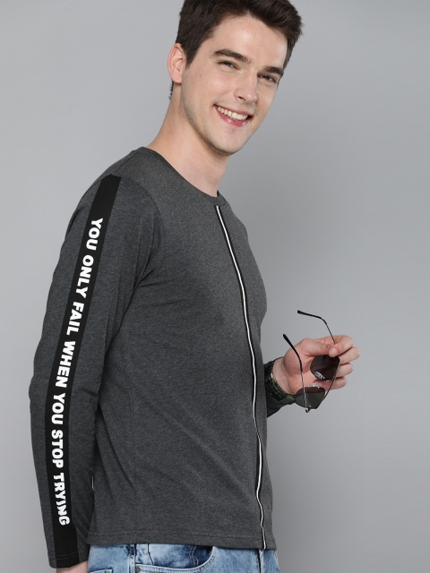 

HERE&NOW Men Grey Melange Striped Round Neck T-shirt
