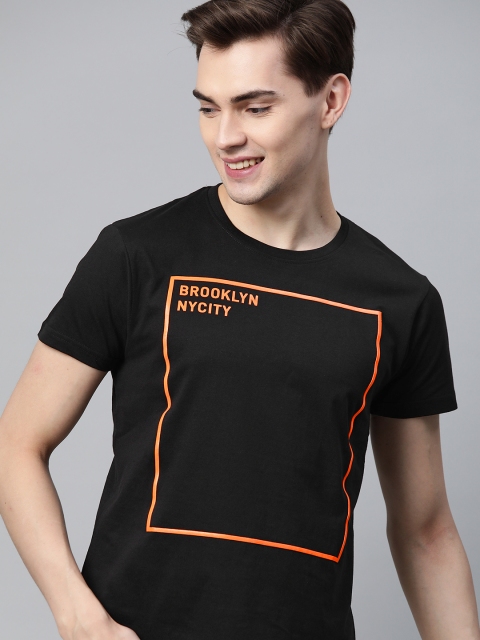 

HERE&NOW Men Black & Orange Pure Cotton Printed T-shirt