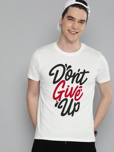 

HERENOW Men White Printed Round Neck Pure Cotton T-shirt