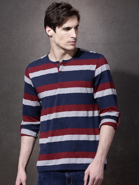 

Roadster Men Maroon & Navy Striped Henley Neck T-shirt
