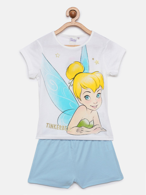 

Loocust Girls White Disney Tinkerbell Tshirt with Plain Shorts