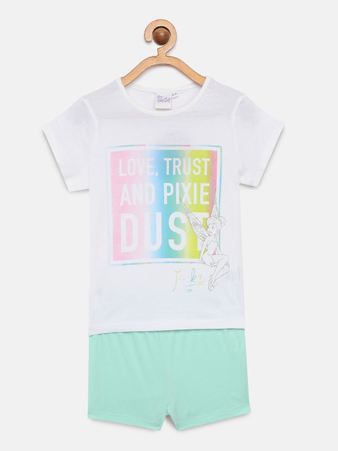 

Loocust Girls White Disney Tinker Bell Tshirt with Plain Shorts