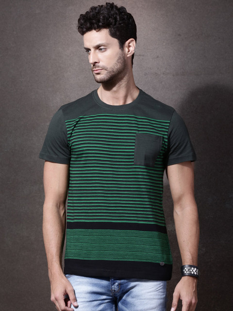 

Roadster Men Olive Green & Black Striped Round Neck T-shirt