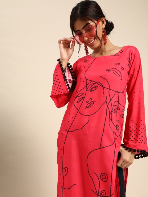 

Tikhi Imli Women Fuchsia & Black Quirky Print Flared Sleeves Straight Kurta