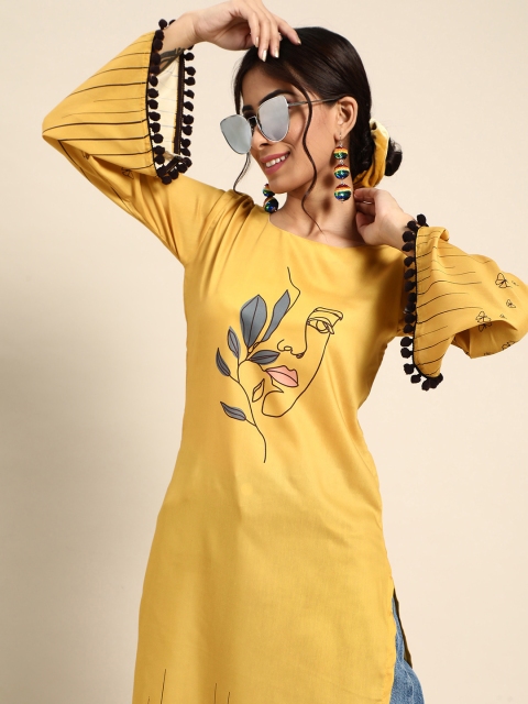 

Tikhi Imli Women Mustard Yellow & Black Quirky Printed Flared Sleeves Quirky Kurta