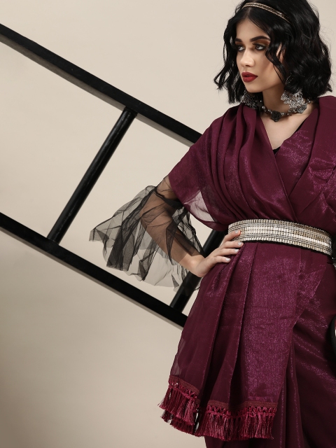 

Tikhi Imli Burgundy Solid Polyester Saree