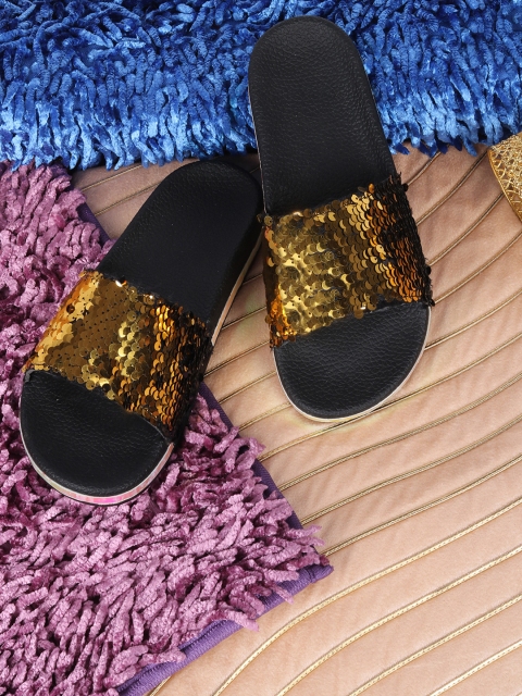 

ZAPATOZ Women Gold-Toned & Black Embellished Sliders