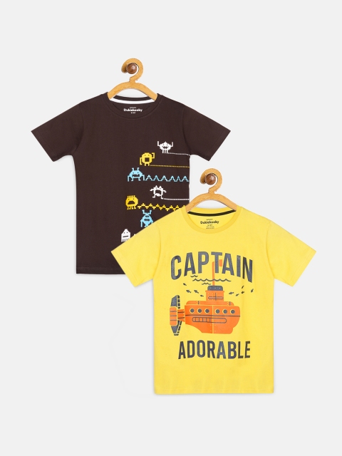 

DukieKooky Boys Pack Of 2 Printed Round Neck Cotton Pure Cotton T-shirts, Yellow