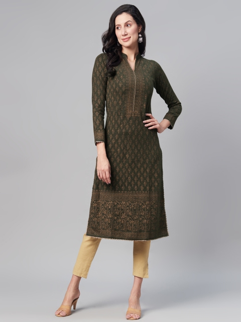 

Biba Women Olive Green & Beige Ethnic Motifs Printed Winter Kurta