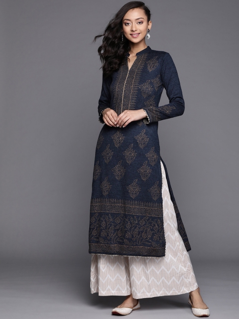 

Biba Women Navy Blue & Golden Ethnic Motifs Printed Indigo Winter Kurta